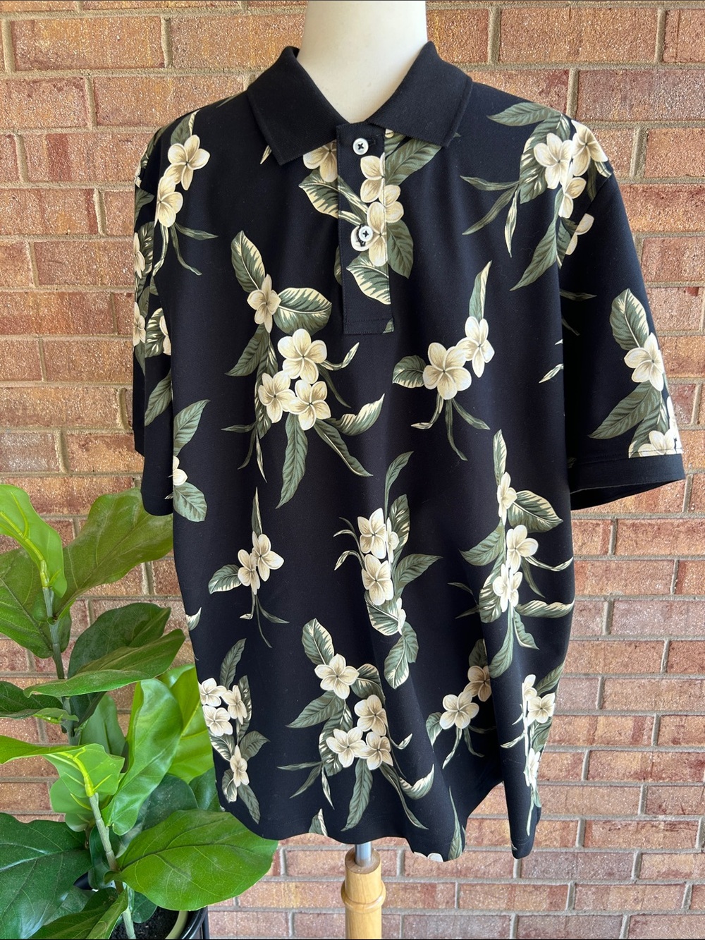 Lands' End Black Polo with Cream Floral Print